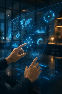 Futuristic Holographic Interface Above Modern Worktable