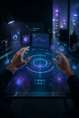 Hands Over Futuristic Holographic Interface