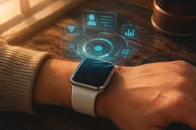 Futuristic Smartwatch Hologram on Rustic Wood