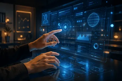 Futuristic Holographic Interface Above Modern Worktable
