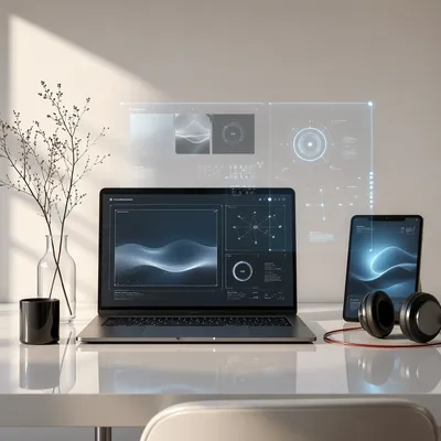 Futuristic Holographic Laptop Interface on White Desk