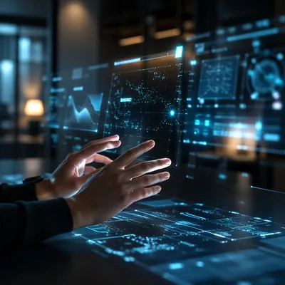 Futuristic Holographic Interface Above Modern Desk
