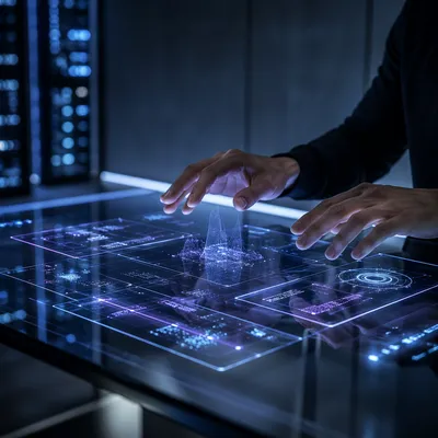 Hands Over Futuristic Holographic Interface