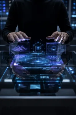 Hands Over Futuristic Holographic Interface