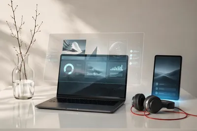 Futuristic Holographic Laptop Interface on Desk