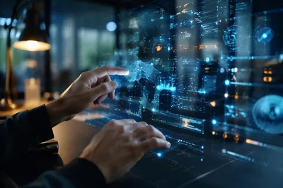 Futuristic Holographic Interface Above Modern Worktable
