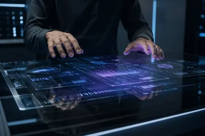 Hands Over Futuristic Holographic Interface