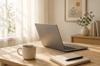 Minimal Laptop and Coffee Desk Workspace
