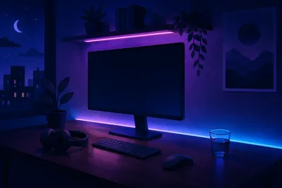 Neon Purple Blue LED Desk Setup