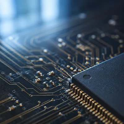 Macro Microchip Surface with Gold Circuits