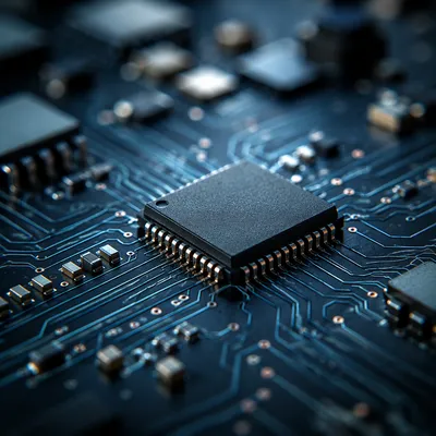 Macro Microchip Detail on Dark Circuit Board