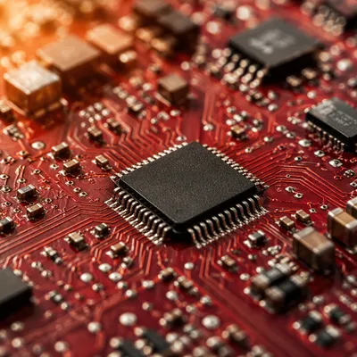 Red Circuit Board Macro with Microchip