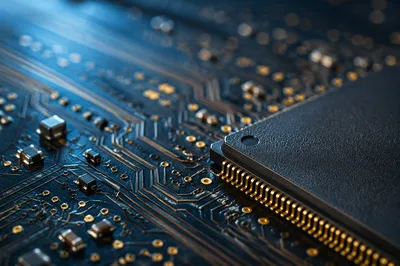 Macro Microchip Surface with Gold Circuits