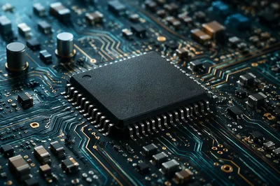 Macro Microchip on Dark Circuit Board