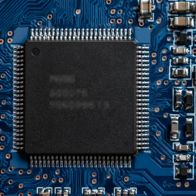 Macro Microchip on Blue Circuit Board