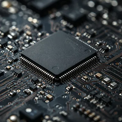 Macro Microchip on Dark Circuit Board