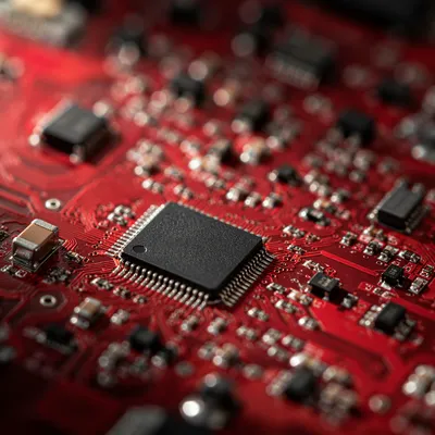 Macro Close-Up of Red Microchip Circuit