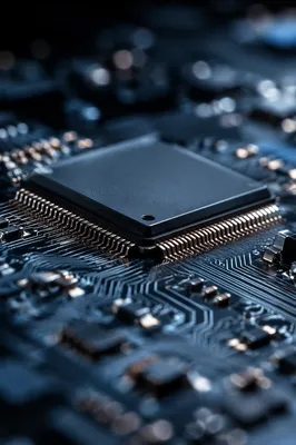 Macro Microchip Detail on Dark Circuit Board