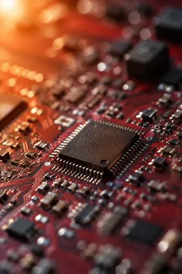 Macro Close-Up of Red Microchip Circuit