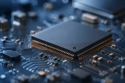 Macro Microchip Detail on Dark Circuit Board