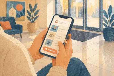 Online Giving App on Smartphone in Lobby