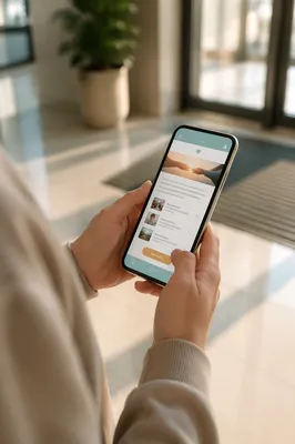 Online Giving App on Smartphone in Lobby