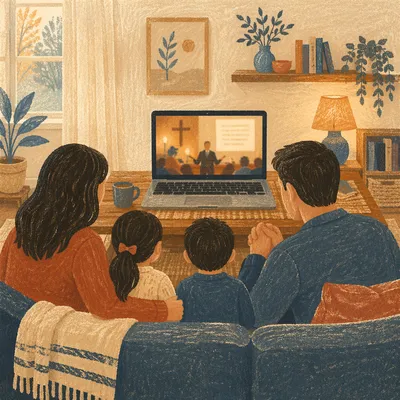 Family Watching Laptop in Cozy Living Room