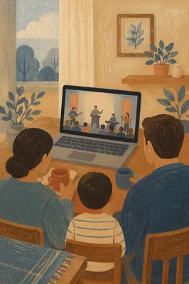 Family Watching Laptop at Dining Table