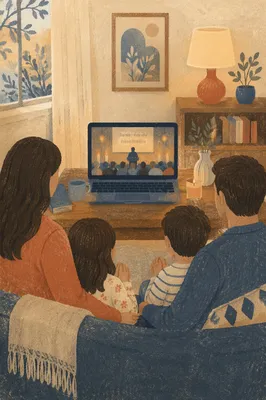 Family Watching Laptop in Cozy Living Room