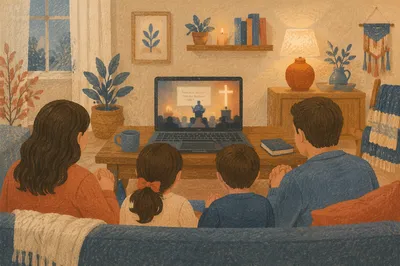 Family Watching Laptop in Cozy Living Room