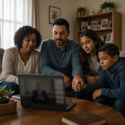 Family Watching Laptop in Cozy Living Room