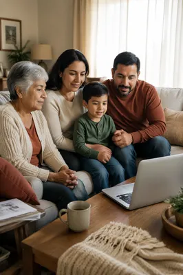 Family Watching Laptop in Cozy Living Room