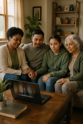 Family Watching Laptop in Cozy Living Room