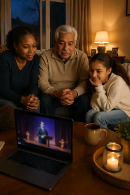 Family Watching Laptop in Cozy Living Room
