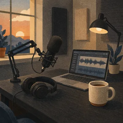 Podcast Microphone and Headphones Desk Setup