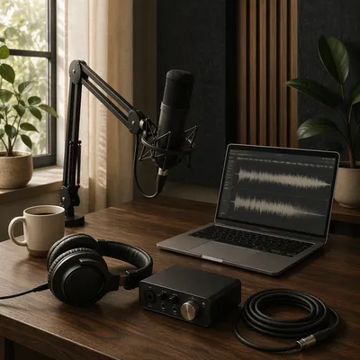 Podcast Recording Desk with Microphone Setup