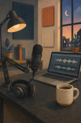Podcast Recording Desk with Microphone Headphones