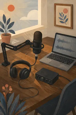 Calm Podcast Desk with Microphone Setup