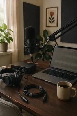 Podcast Recording Desk with Microphone Setup