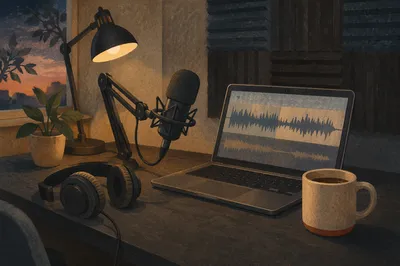 Warm Podcast Desk Setup with Microphone