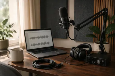 Podcast Recording Desk with Microphone Setup