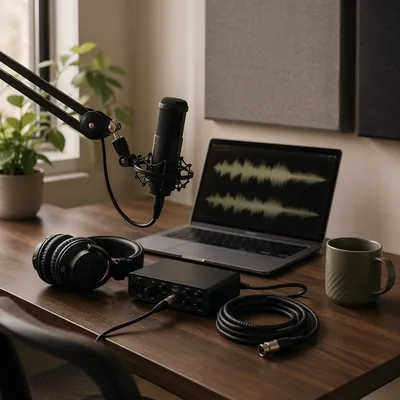 Podcast Recording Setup on Walnut Desk