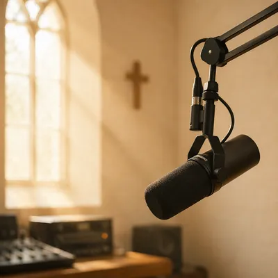 Church Podcast Microphone in Quiet Studio