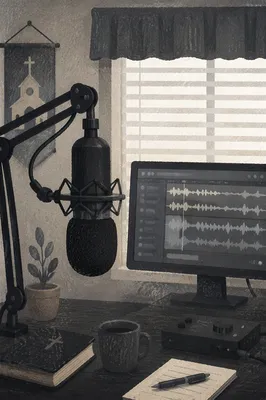 Church Podcast Microphone Studio Monochrome Scene