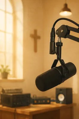 Church Podcast Microphone in Quiet Studio