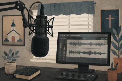 Church Podcast Microphone in Quiet Studio