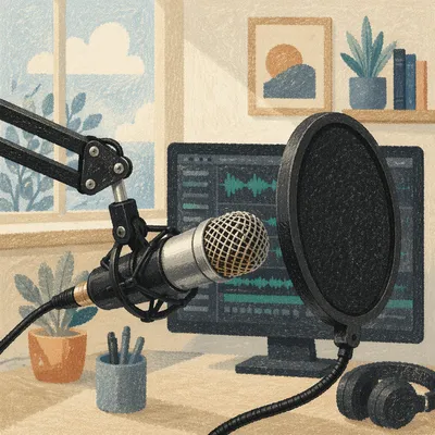 Professional Podcast Microphone in Calm Home Studio