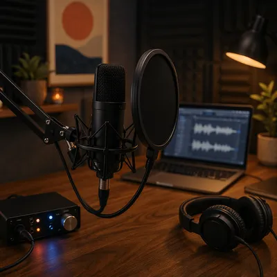Cozy Podcast Microphone Setup at Night