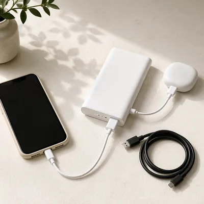 Minimal Power Bank Charging Devices Flat Lay