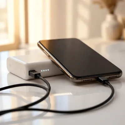 Minimal Power Bank Charging Smartphone Flat Lay